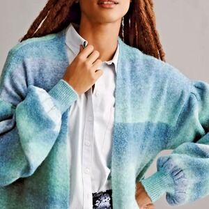 Anthropologie Cardigan Duster Sweater Knit One Size Blue Green‎ Ombre Striped